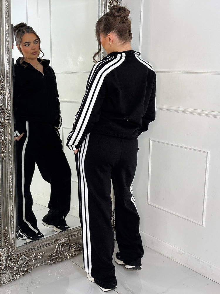 Side Stripe Collared Zip Up Jacket & Joggers Tracksuit - Black