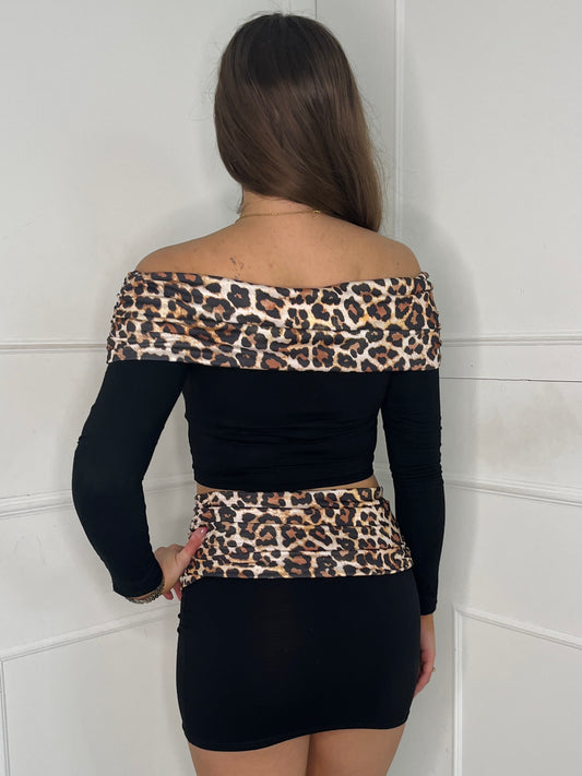 Leopard Fold Over Skirt & Bardot Top Set - Black
