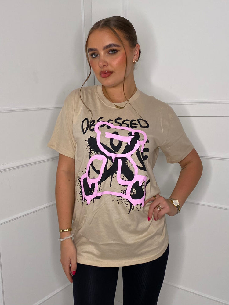 Obsessed Teddy Print T-shirt- Beige