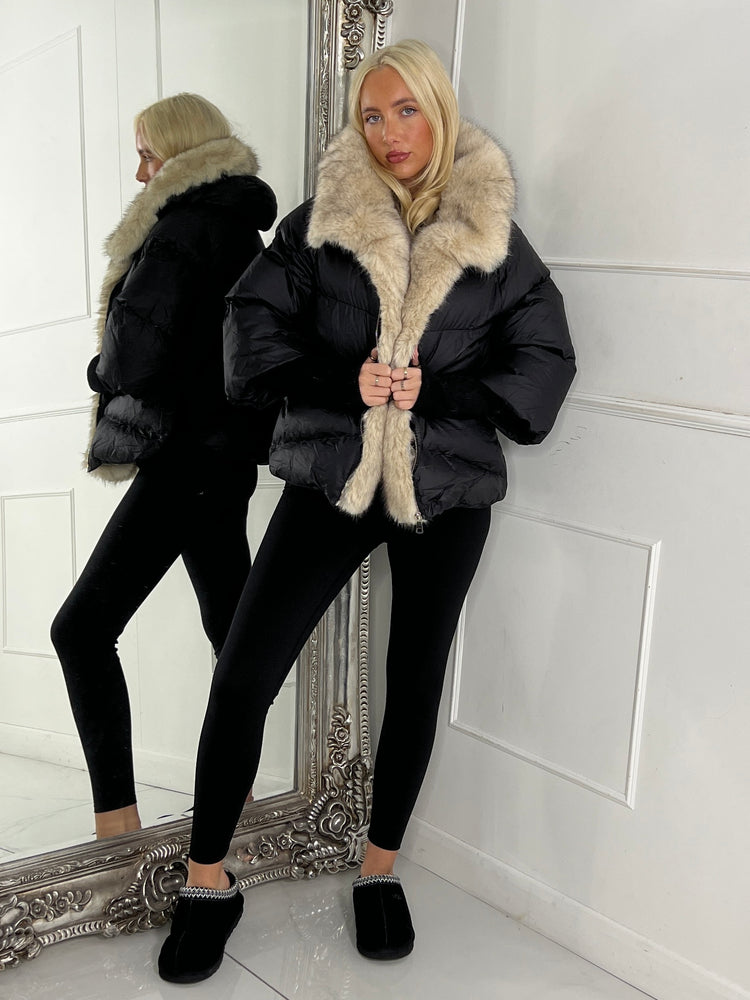 Hooded Puffer Coat With Faux Fur Trim - Black/Apricot Fur