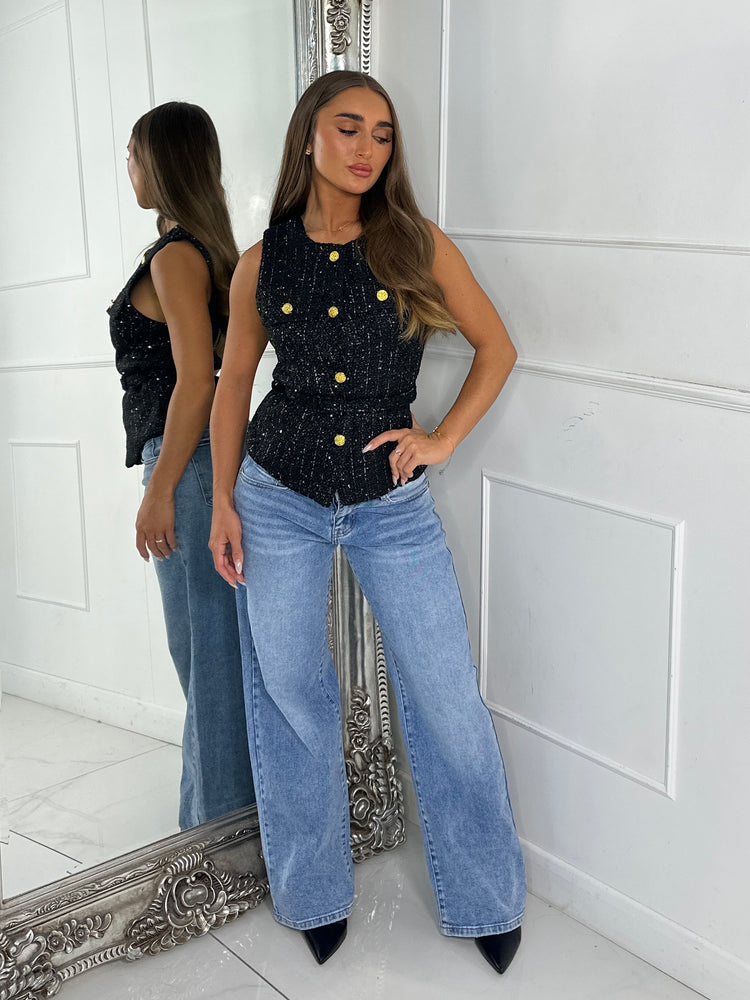 Tweed Sequin Belted Waistcoat - Black