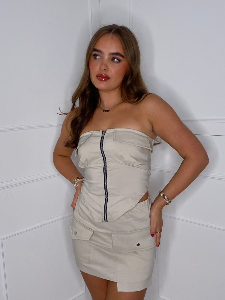 Zip Up Front Pocket skirt set - Beige