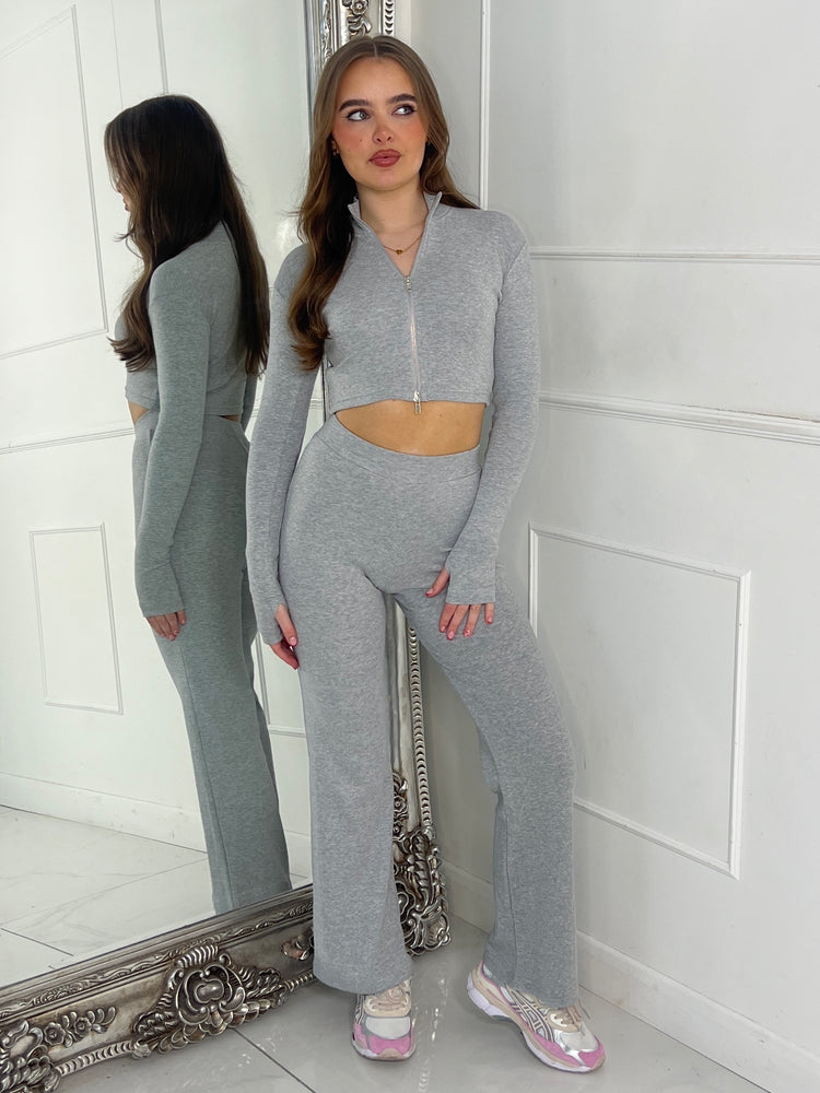 Zip Up Flared Ribbed Loungeset - Grey