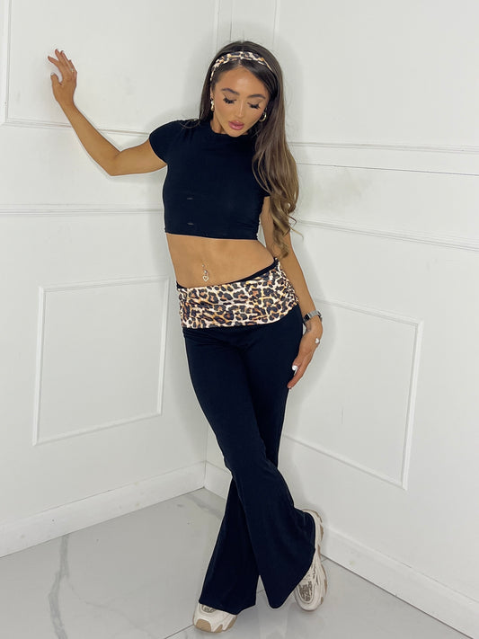 Leopard Fold Over Flares & Crop Top Set With Matching Headband - Black