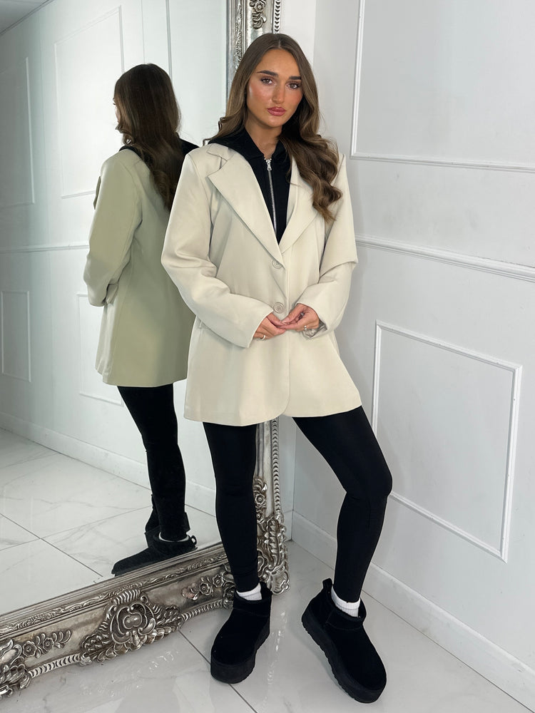 Oversized Blazer With Black Attached Hood - Light Beige