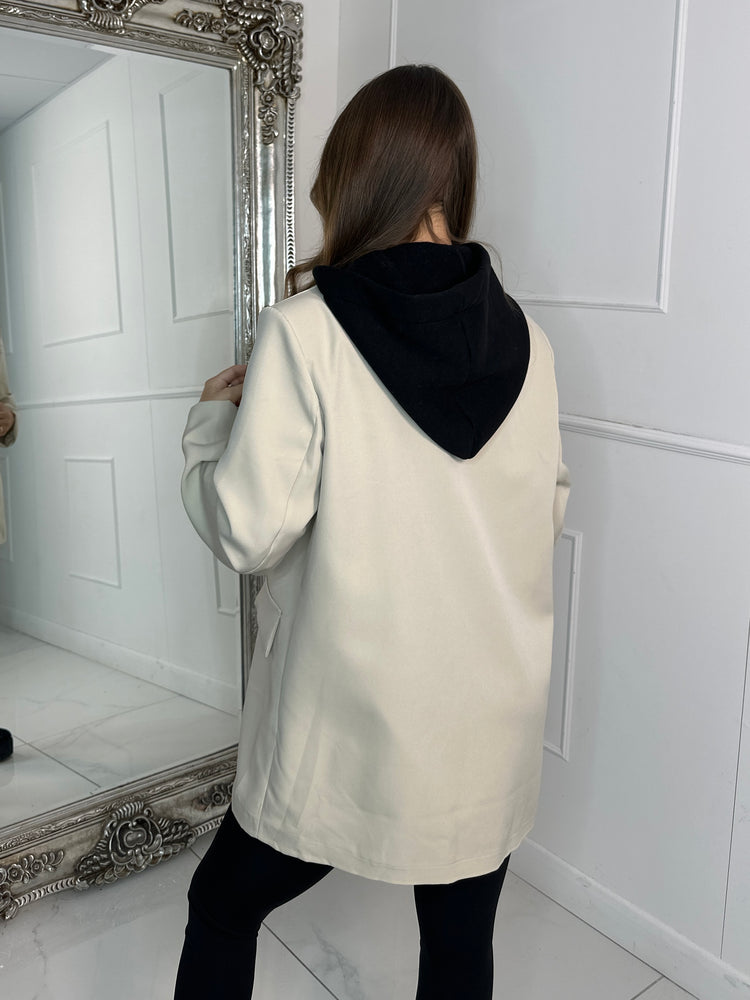 Oversized Blazer With Black Attached Hood - Light Beige