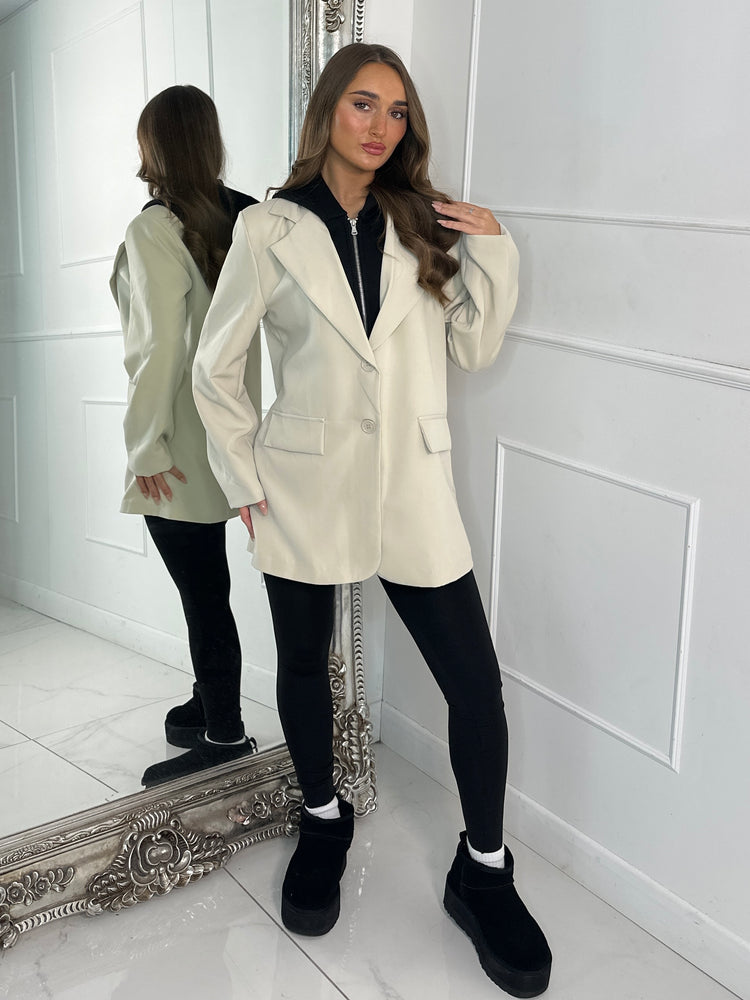 Oversized Blazer With Black Attached Hood - Light Beige