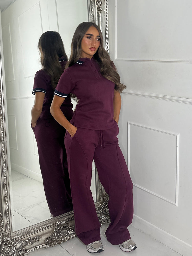 Soft Cotton Varsity Number Detail Matching Shirt & Straight Leg Joggers Set - Wine