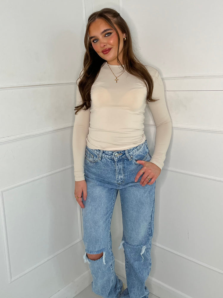 Round Neck Long Sleeve Top Second Skin - Beige