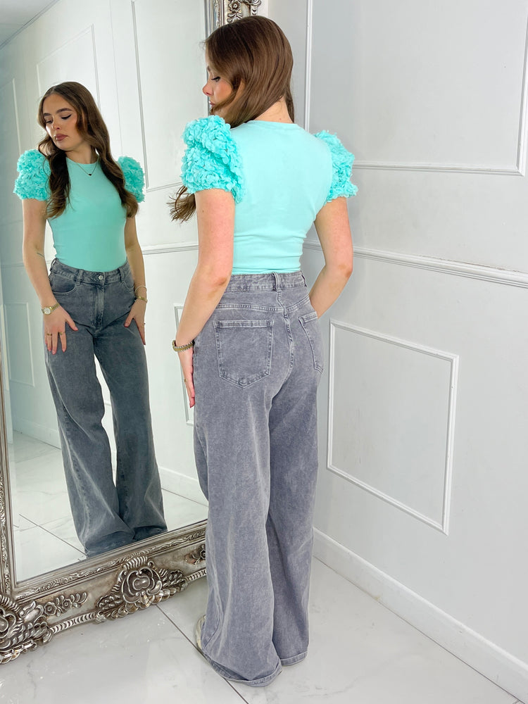 Mesh Ruffle Shoulder Tee - Mint Ribbed