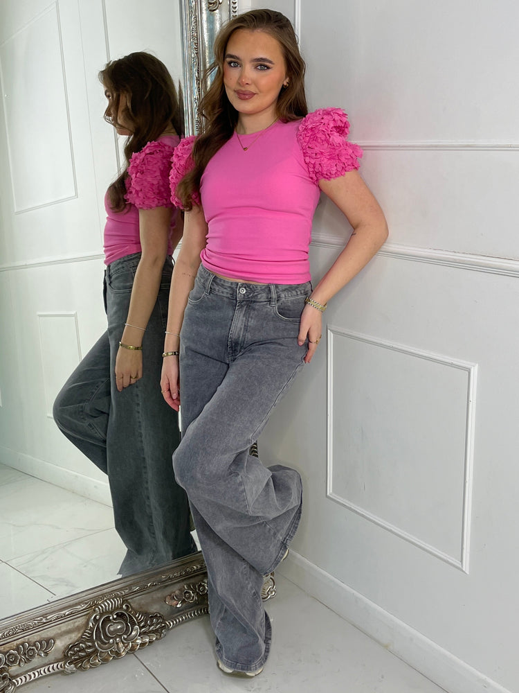 Mesh Ruffle Shoulder Tee -Hot Pink Ribbed