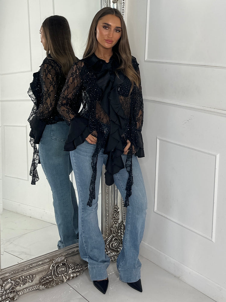 Lace Sheer Diamante Ruffle Shirt - Black