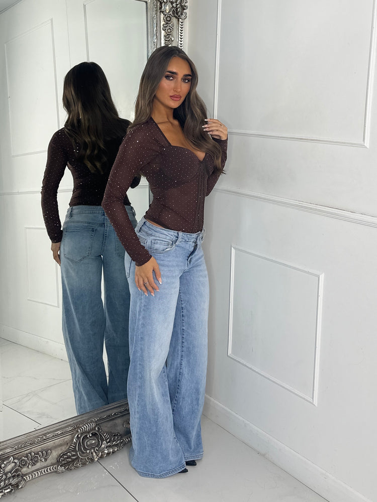 Long Sleeve Diamante Detail Cupped Bodysuit - Chocolate Brown