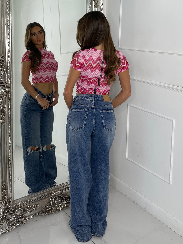 Knitted Crochet Short Sleeve Top - White/Pink