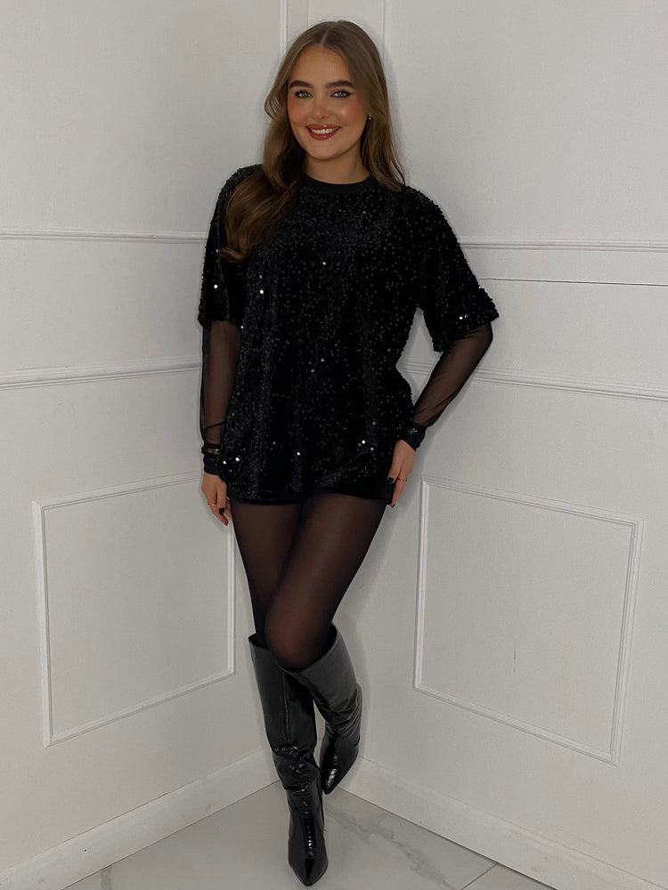 Oversized Velvet Sequin T-Shirt with Mesh Sleeves - Black