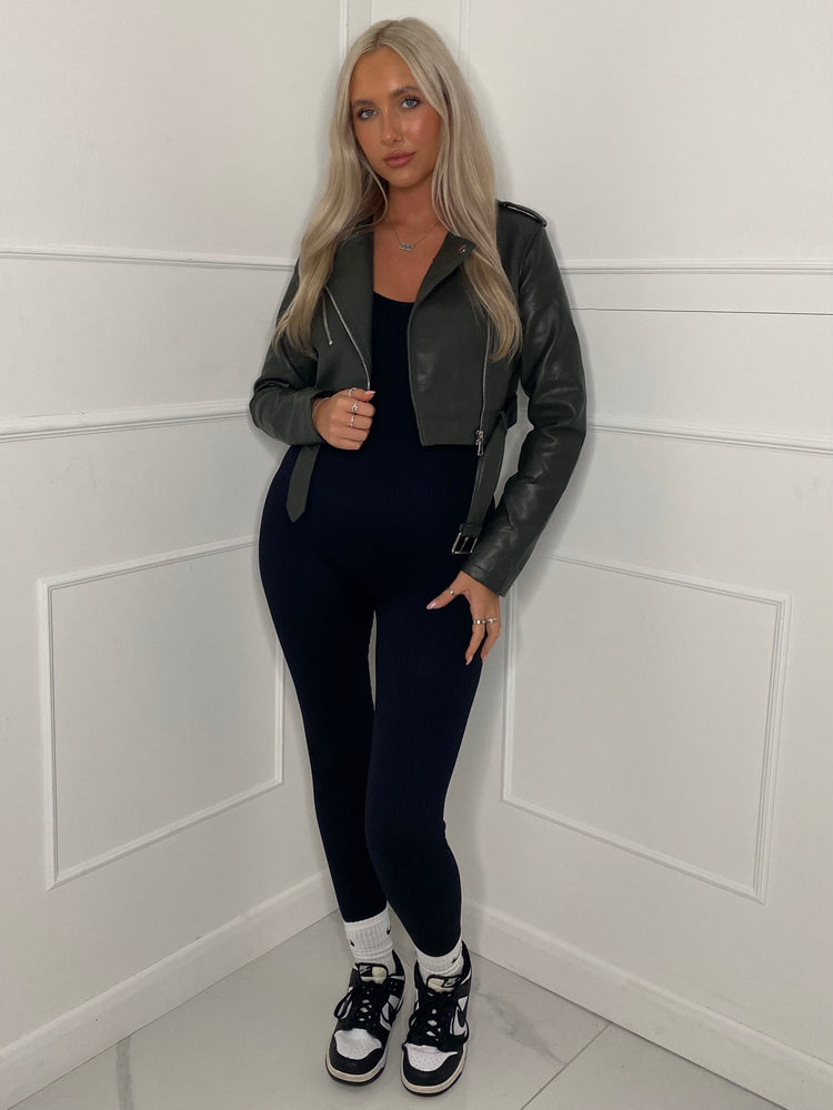 Cropped Pu Leather Jacket - Khaki