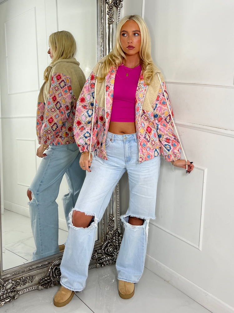 Aztec Print Zip Up Fleece Jacket - Beige / Multi