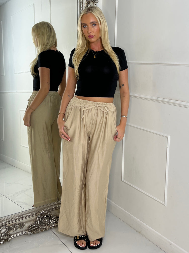 Wide Leg Linen Pants - Light Beige