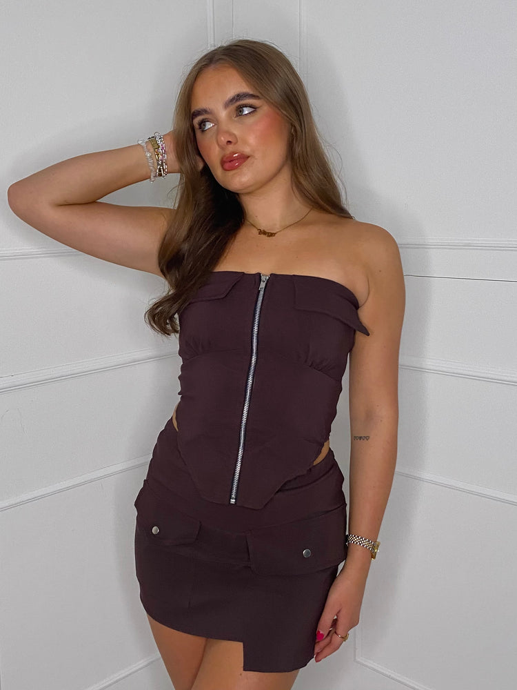 Zip Up Front Pocket skirt set - Brown