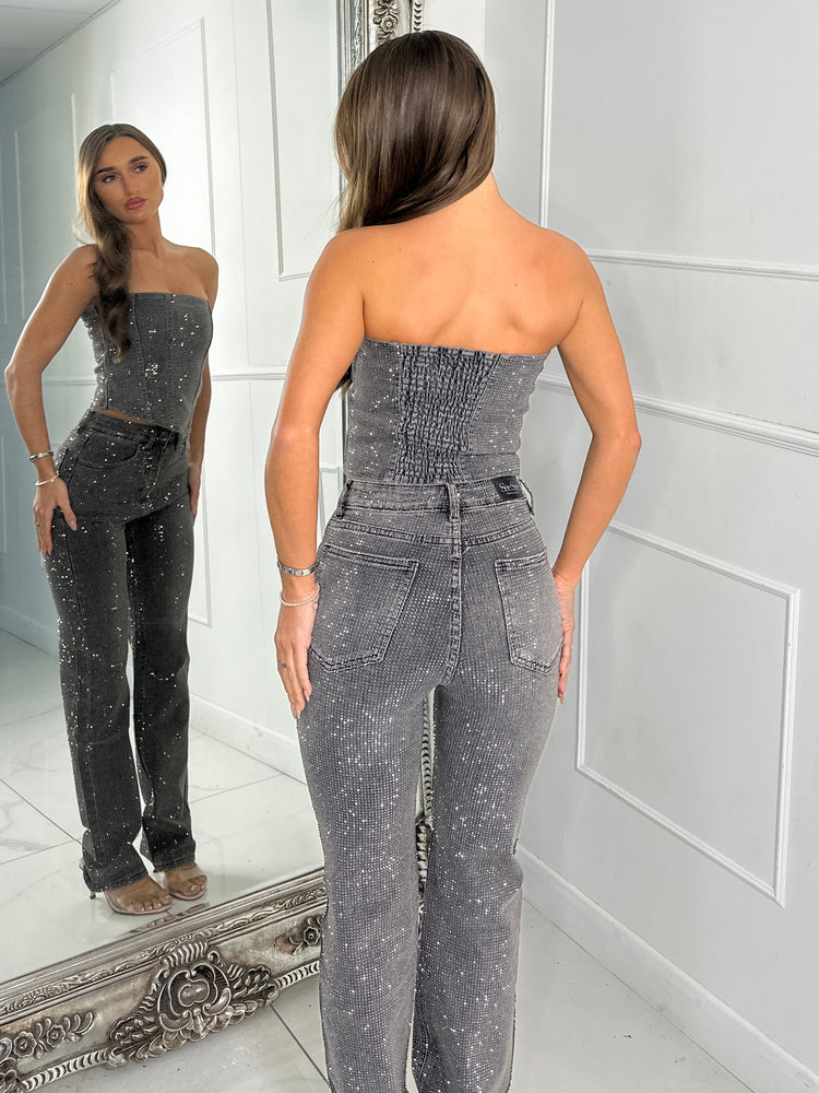 Diamante Wide Leg Jeans - Grey Denim