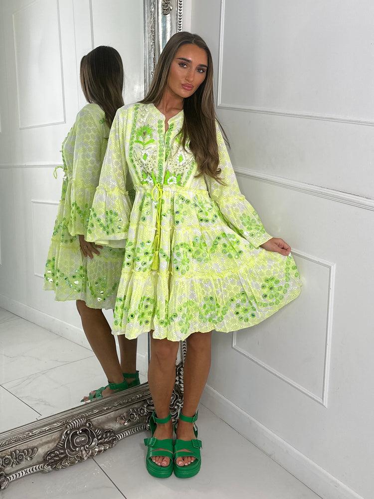 Boho Neon Embellished Dress - Lime