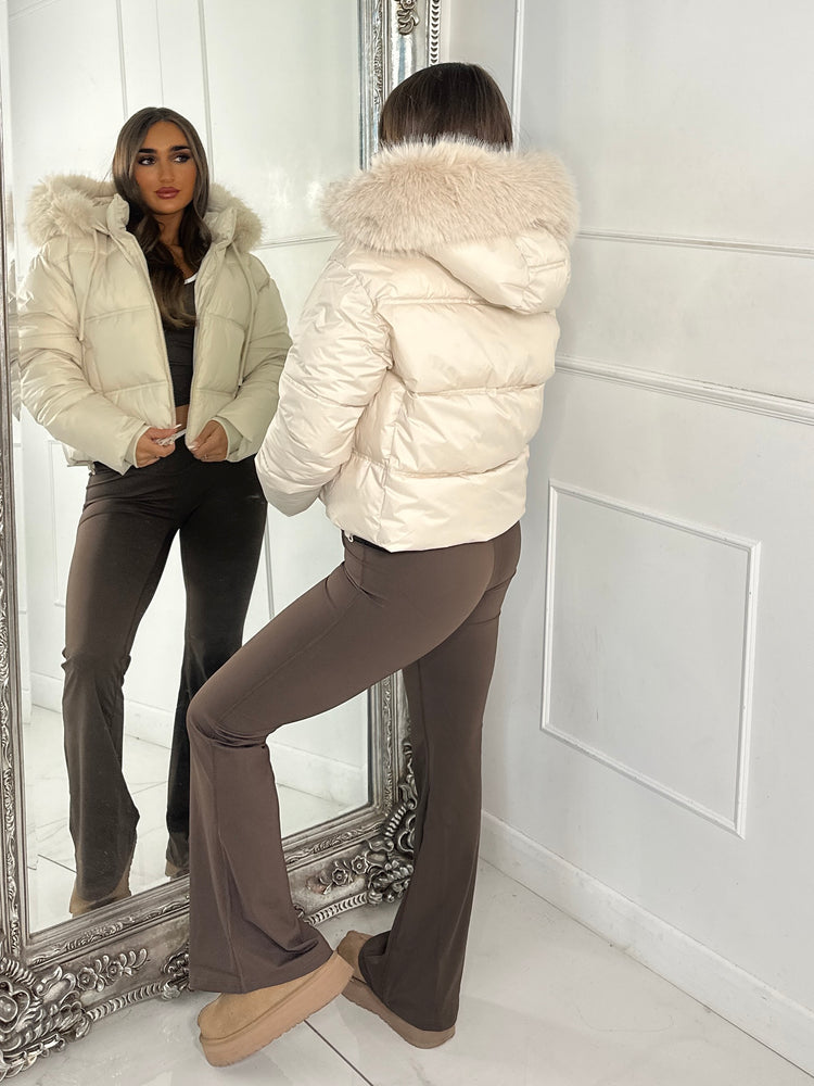 Cropped Faux Fur Trim Padded Jacket - All Cream