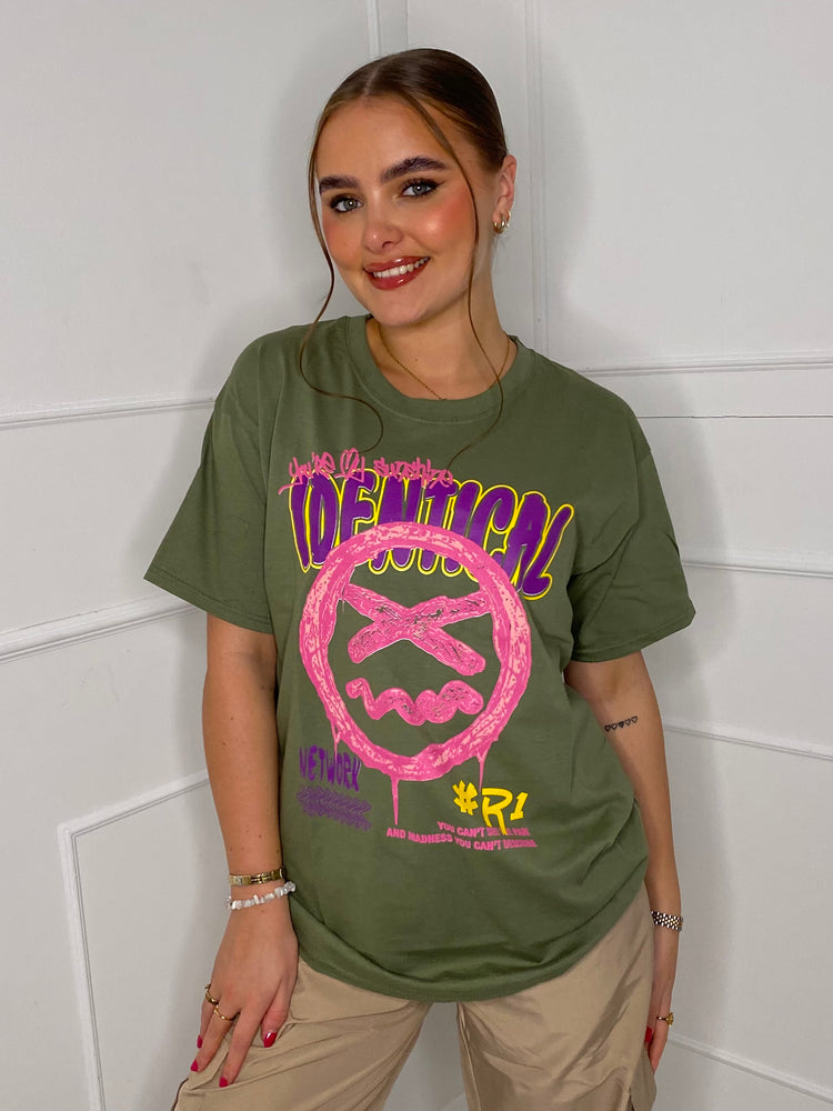 Identical Print T-shirt- Khaki