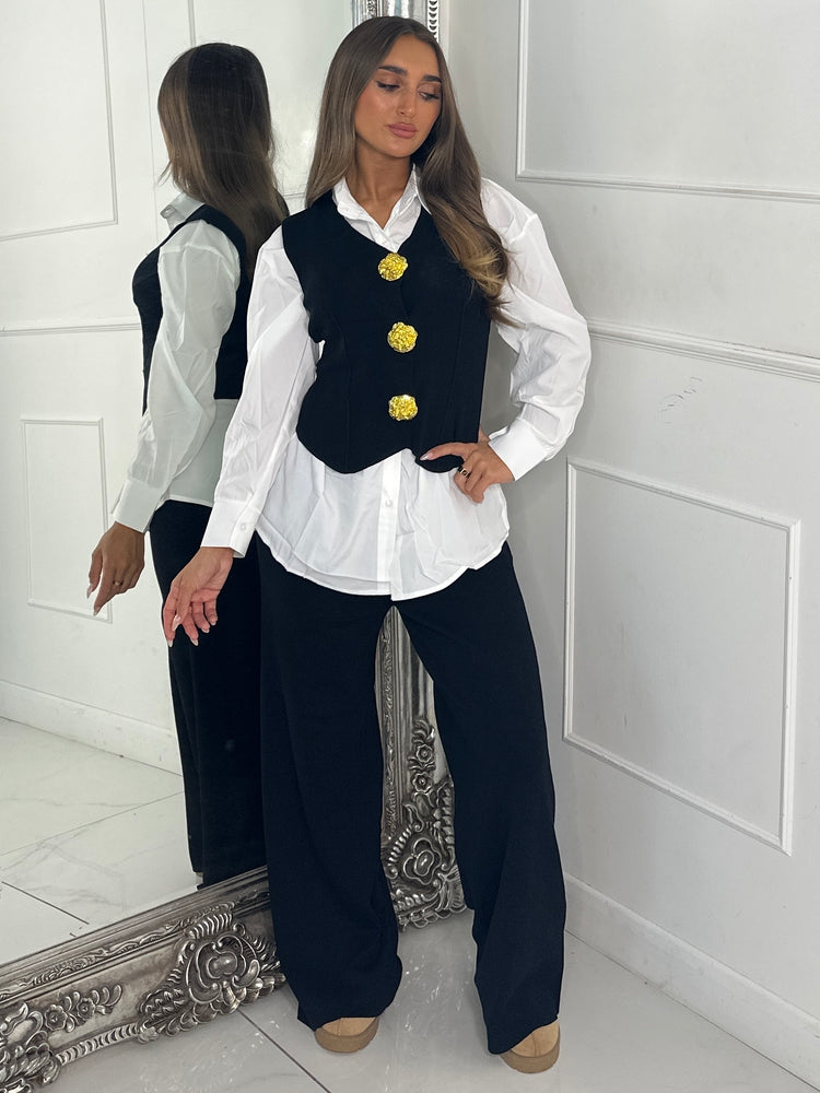 3 Piece Knitted Waistcoat & Shirt Set - Black