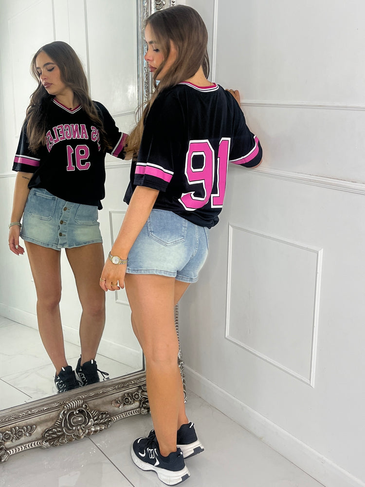 Los Angeles 91 Varsity Tee - Black/Pink