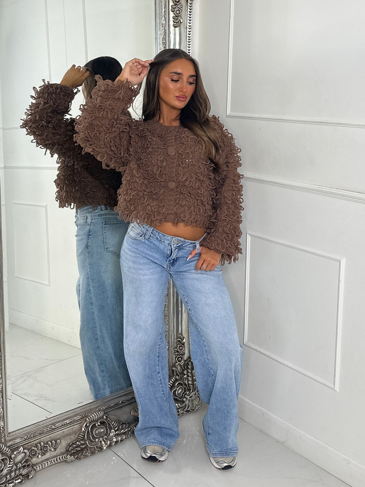 Soft Fluffy Loop Detail Cardigan - Brown