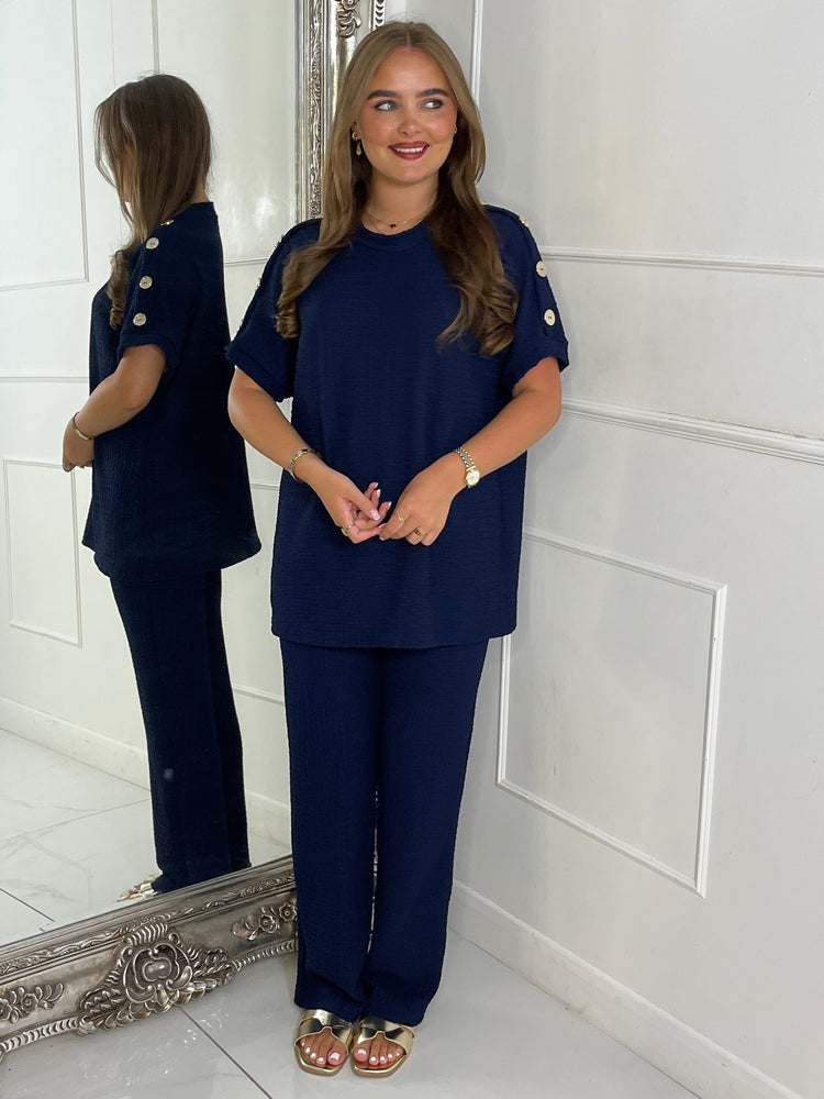 Gold Button Detail Oversized Top & Wide Leg Pants Co-Ord - Navy Blue