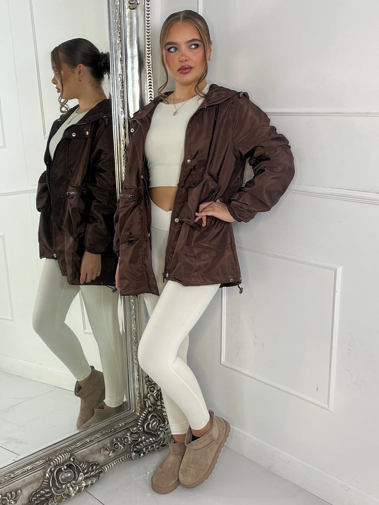 Long Ruched Sleeve Windbreaker Jacket - Brown