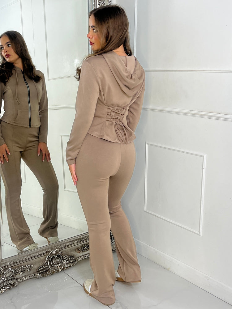 Tie Up Corset Detail Back Hoodie & Seam Detail Flared Pants - Taupe