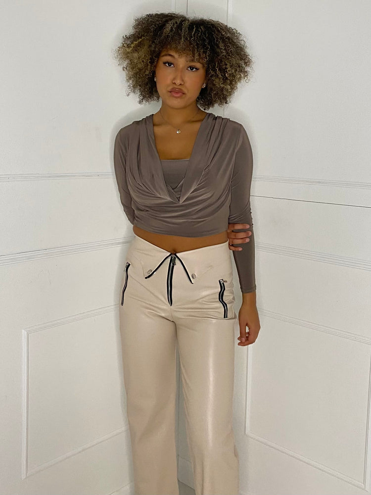 Cowl Neck Long Sleeve Top - Mocha