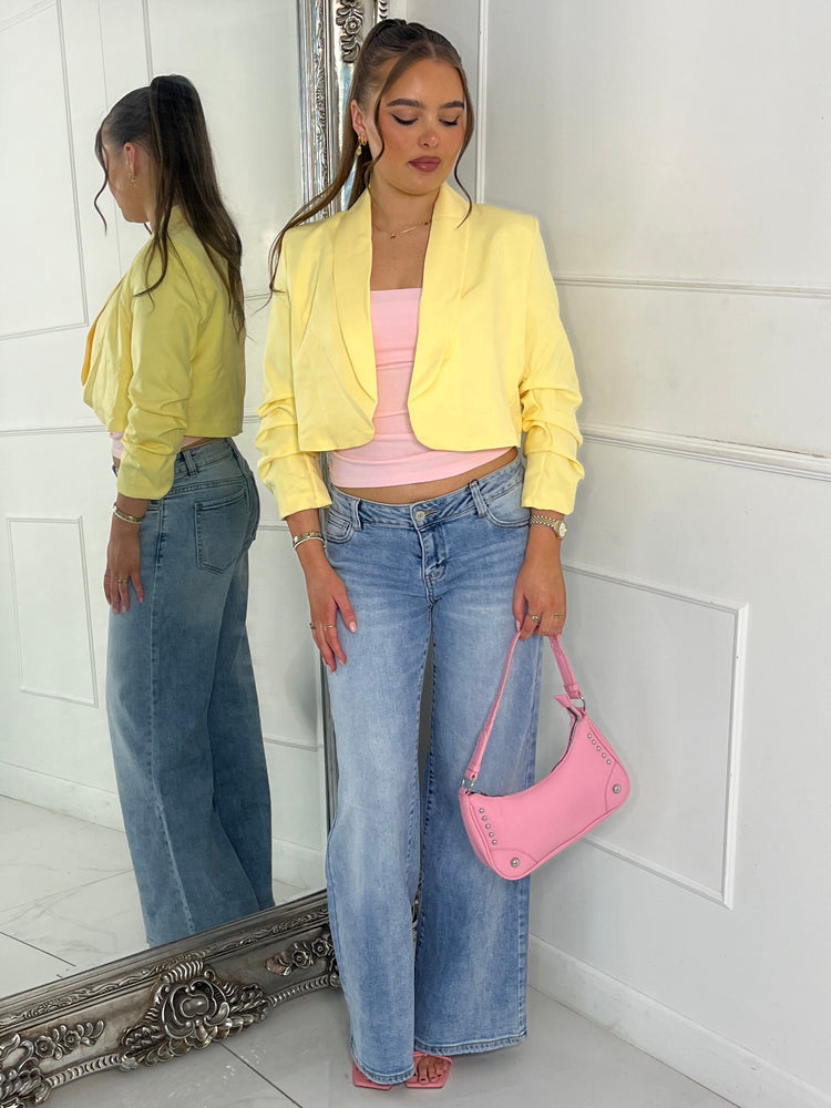 Cropped Ruched Sleeve Blazer - Yellow