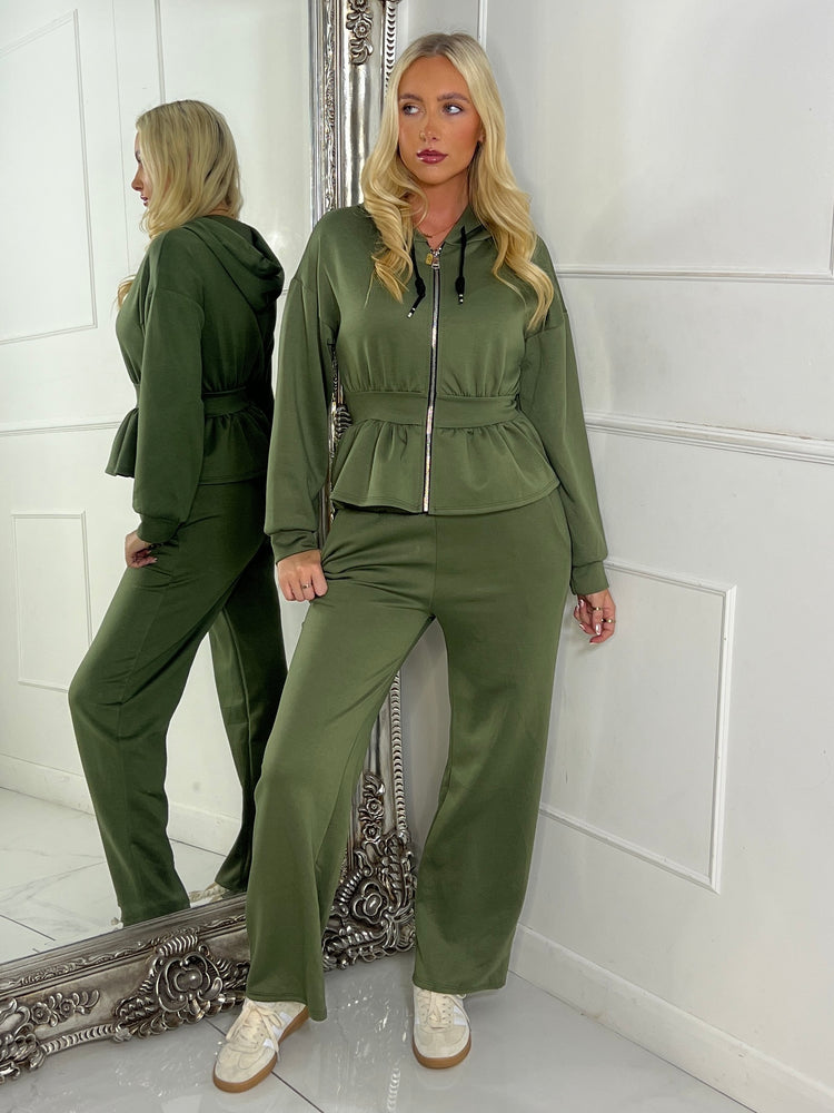 Straight Leg Trousers & Sinch Waist Detail Hoodie Co Ord - Khaki