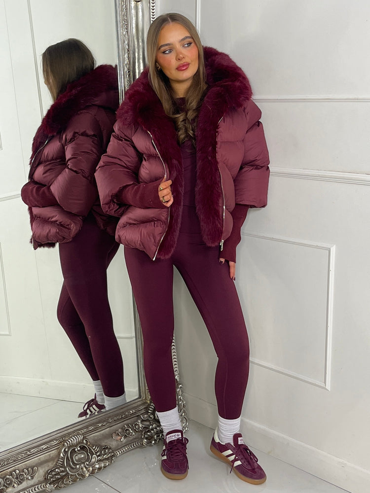 Hooded Puffer Coat With Faux Fur Trim - Wine
