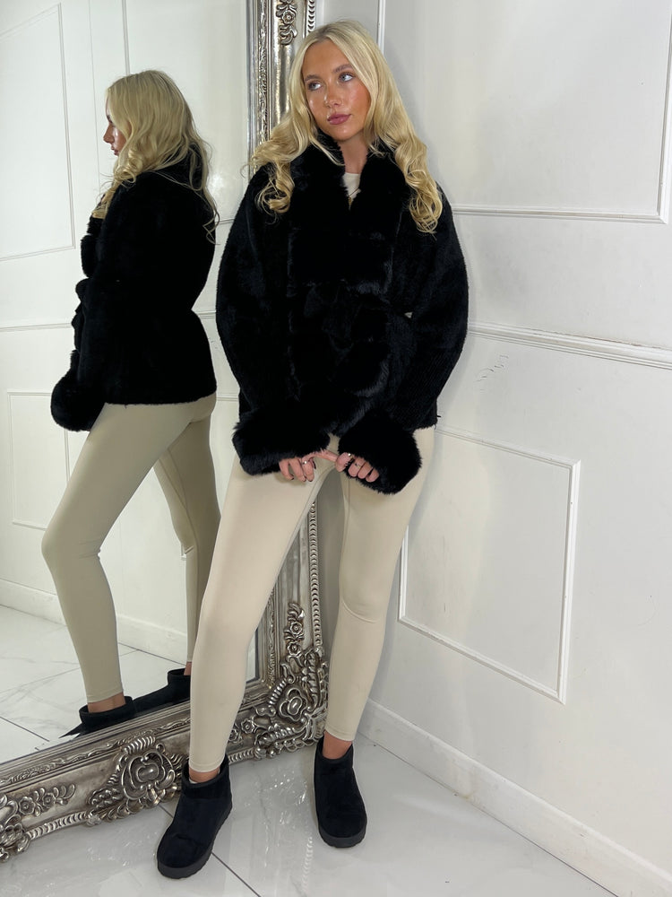 Faux Fur Trim Tie Belt Cardigan - Black
