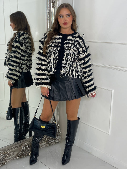 Soft Fluffy Loop Detail Cardigan - Black/Cream Mixed