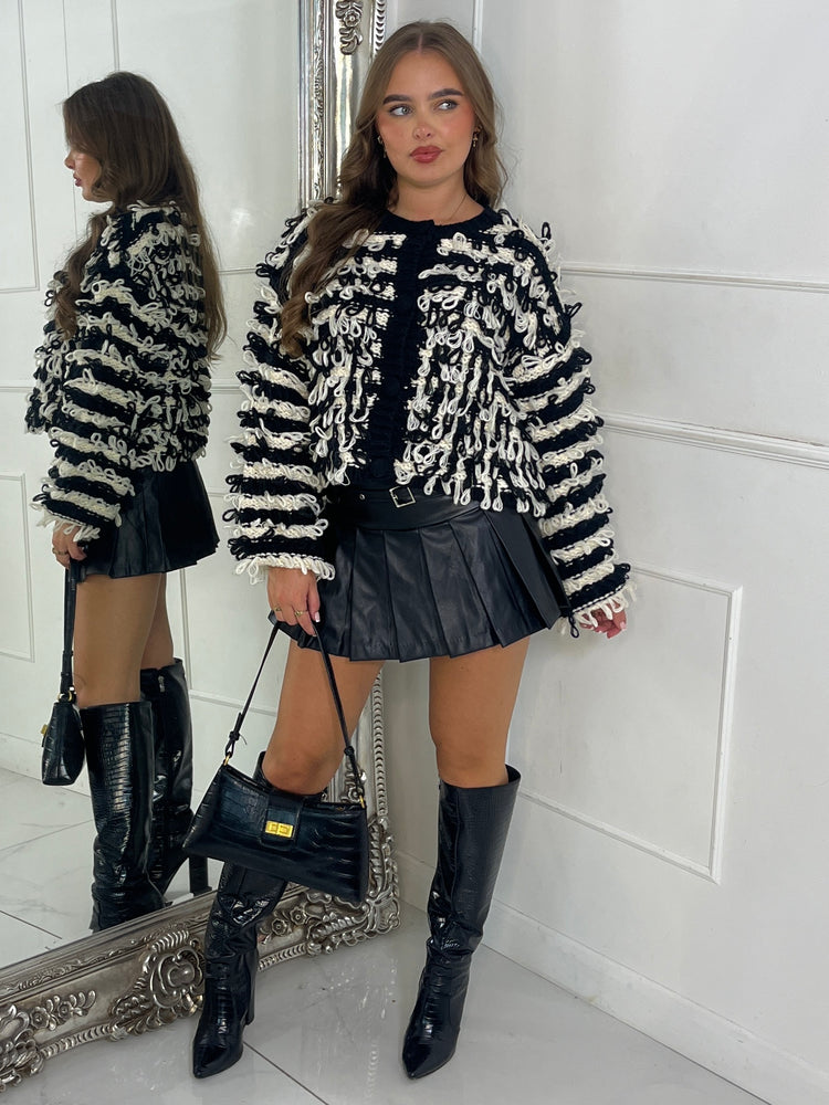 Soft Fluffy Loop Detail Cardigan - Black/Cream Mixed