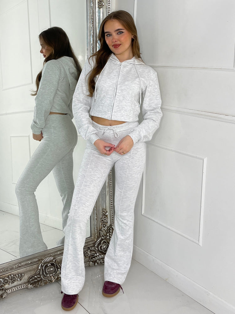 Crop Hoodie & Seam detail Flared Pants - Light Grey