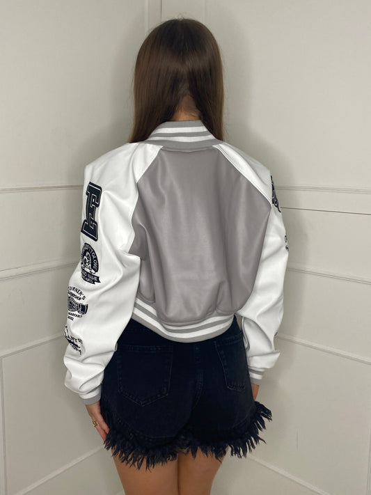 Varsity Style Pu Leather Jacket - Grey