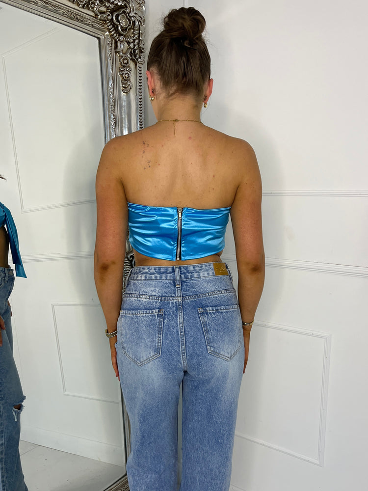 Stretch Satin Zip Up Bow Top - Baby Blue