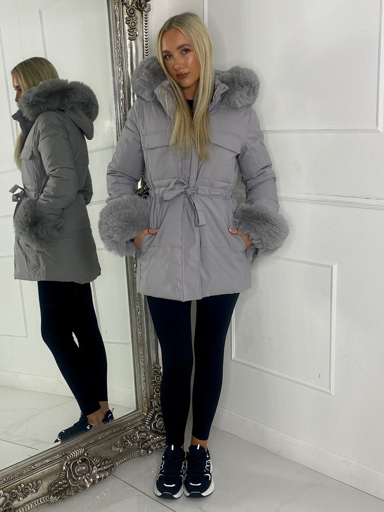 Fur Hood Trim Detail Longline Jacket - Grey