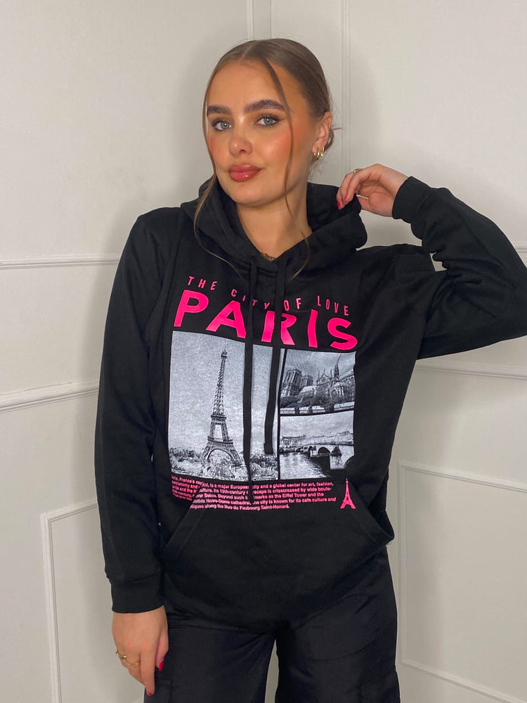 Paris Print Hoodie - Black