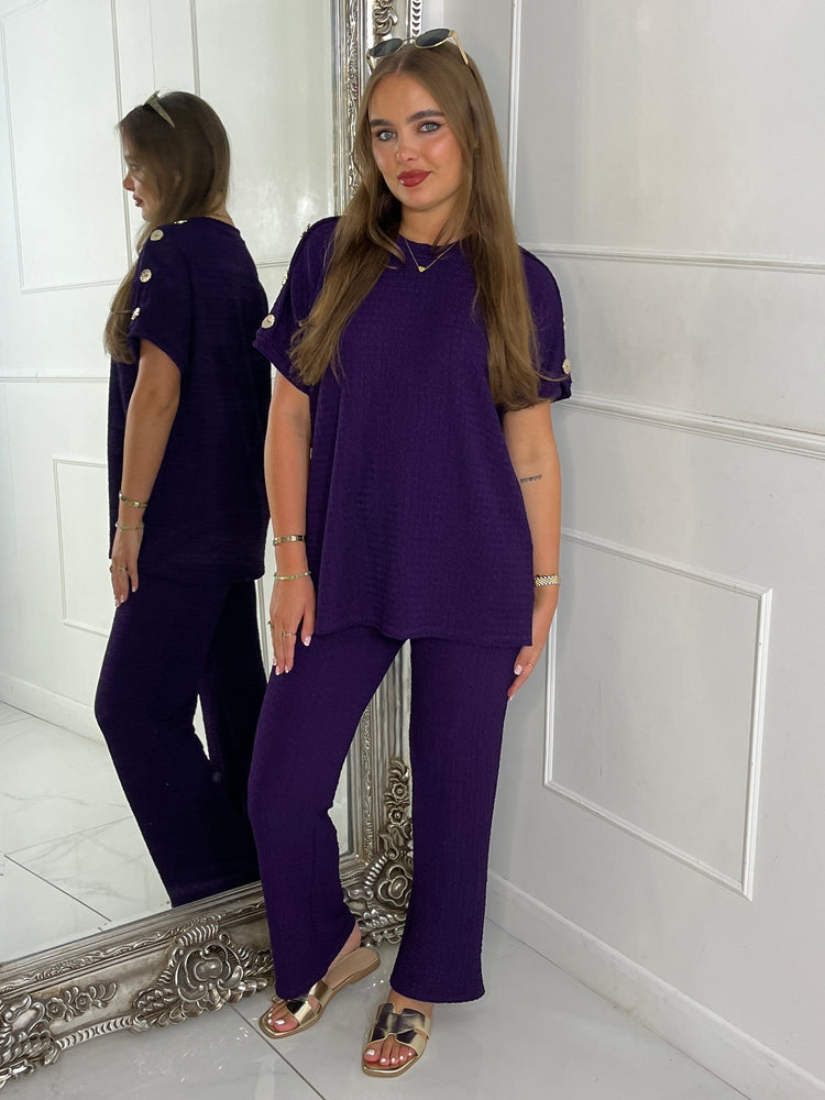 Gold Button Detail Oversized Top & Wide Leg Pants Co-Ord - Plum
