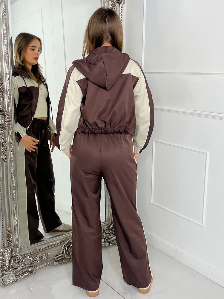 Hooded Colour block Jacket & Straight Leg Pants Set - Chocolate/Beige