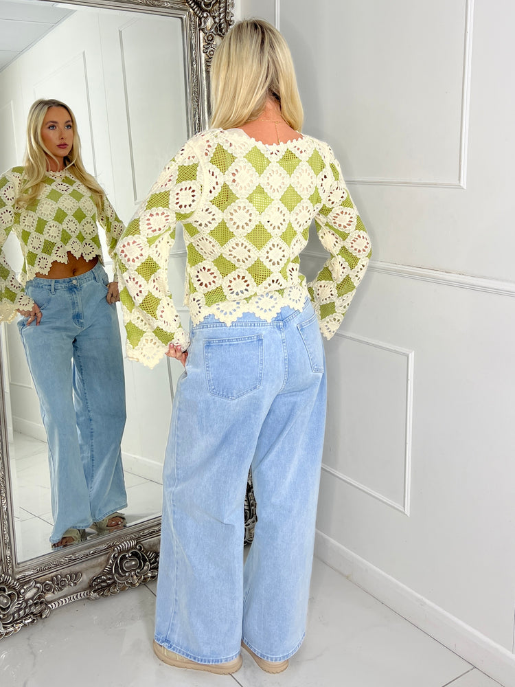 Multi Colour Contrast Crochet Top - Beige & Sage