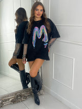 Rainbow M Chainmail Sleeve Oversized Tshirt - Black