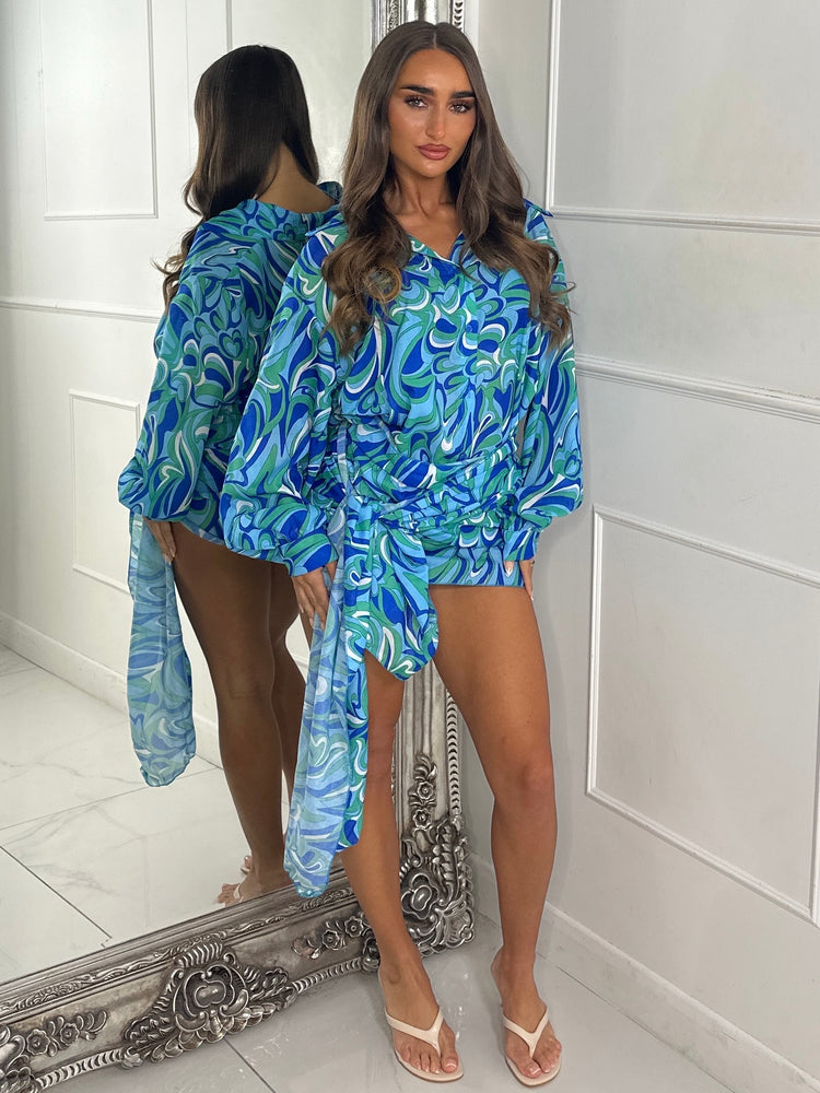 Printed Shirt Dress with Wrap Skirt - Blue/Green Print